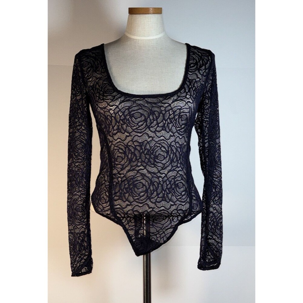 Intimately Free People Women Small Bodysuit In My Head Navy Blue Lace Low Cut - Picture 1 of 7